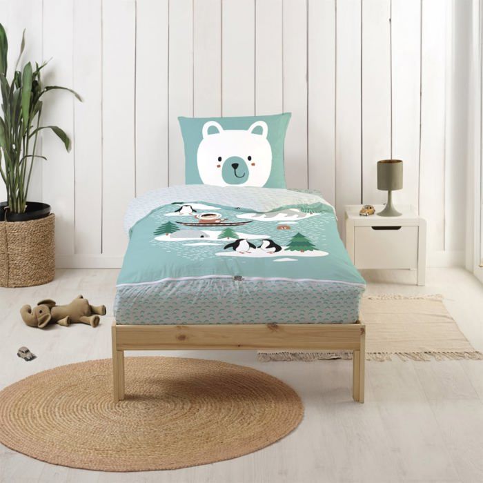 Parure de Lit Enfant Caradou® Igloo en Coton 4 pièces: Couchage tout-en-un avec couette - 90x190cm - BLEU CALIN