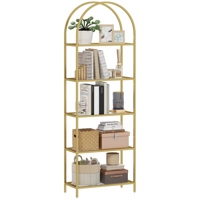 Bibliothèque étagère de rangement - HOMCOM - 5 niveaux - arqué - pour salon bureau chambre - verre - 60 x 30 x 175 cm - doré