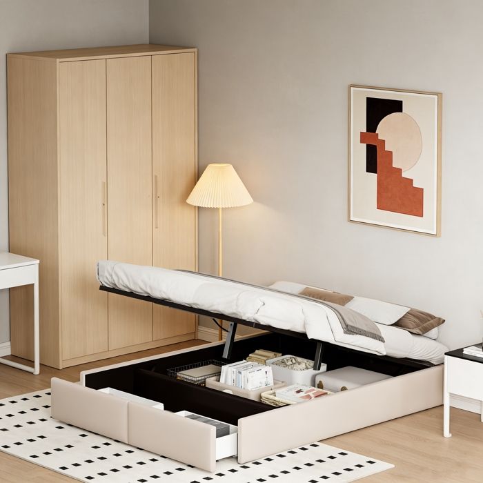 Lit 140x200 cm avec Rangements sans Tête de lit 2 Tiroirs + Coffre Hydraulique Cadre de lit en Métal Gain de Place Lin Beige