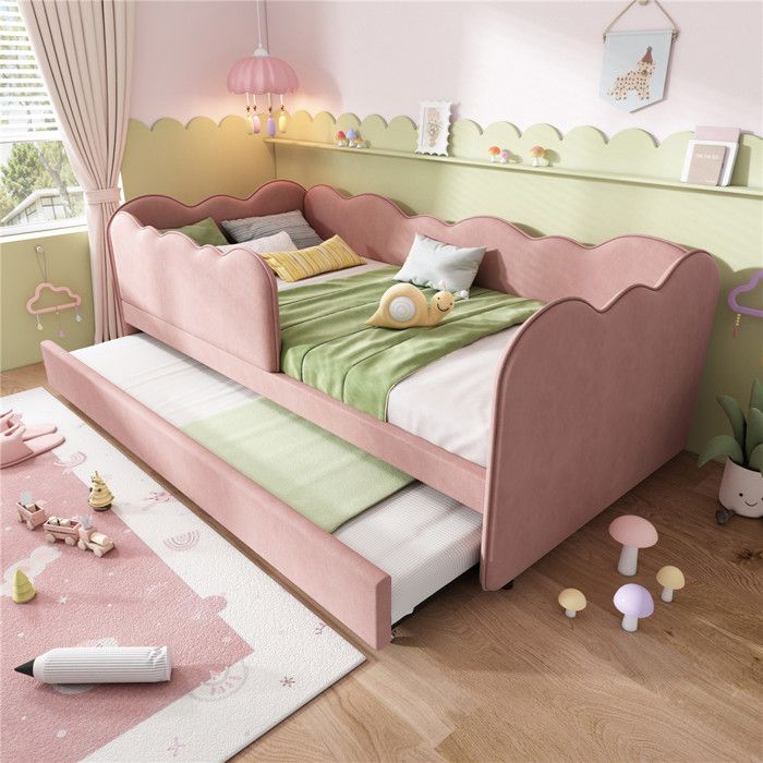 Lit gigogne enfant fille 90x190 rose avec 2 sommier et detachable guardrail lit velours 1 personne canapé lit rembourrée et lattes