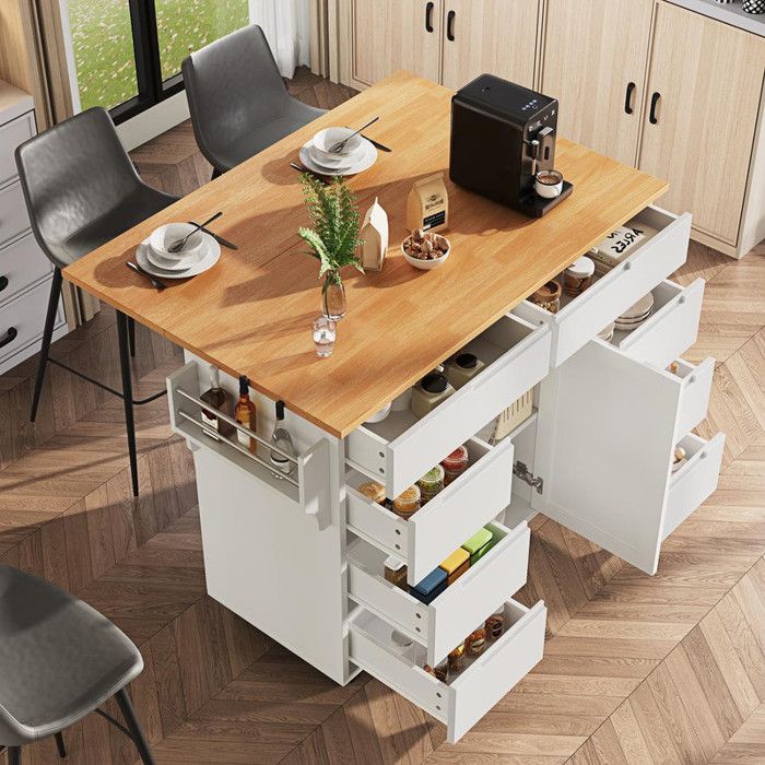 Îlot de cuisine meuble de cuisine Ilot central avec roulettes et plan de travail desserte avec étagère à épices et 8 tiroirs