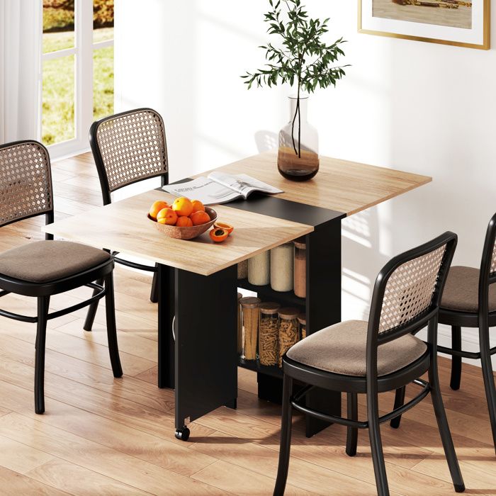 Table pliante de cuisine salle à manger amovible sur roulettes 75 x 140 x 74 cm coloris chêne et noir