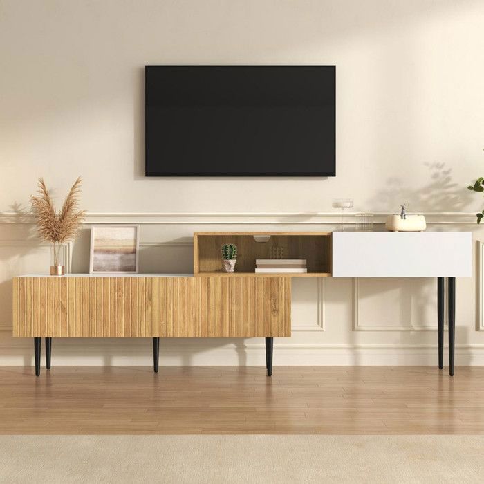 Meuble TV moderne - longueur réglable - conception modulaire en deux parties aspect bois + blanc mat pieds métalliques noirs