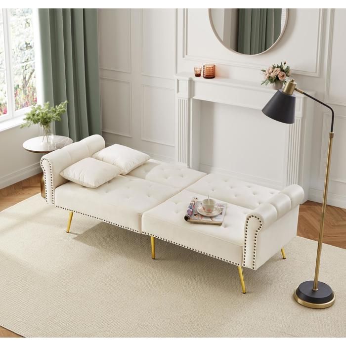 Canapé convertible Maisentiel velours beige 2 places dossier réglable 3 positions pieds métal doré rangement design