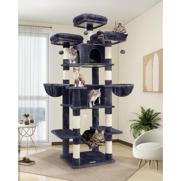 Meilleurs prix pour Arbre à chat XXL - JOZSI - Arbre 204 cm avec 3 perchoirs 2 niches 2 paniers hamac stable pour 3–5 chats adultes gris foncé