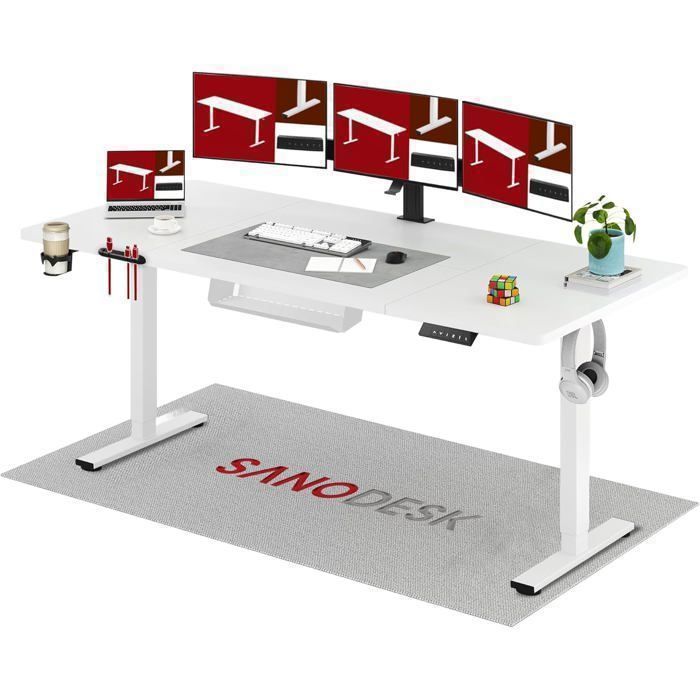 SANODESK Bureau Assis Debout Électrique 200x80cm avec Système Anti-Collision et Fonctions Mémoires Crochet/Porte-gobelet Blanc