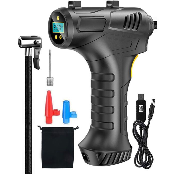 Compresseur à air portatif - PZCC - Rechargeable 12V - Sans fil - Écran LCD - 3 buses