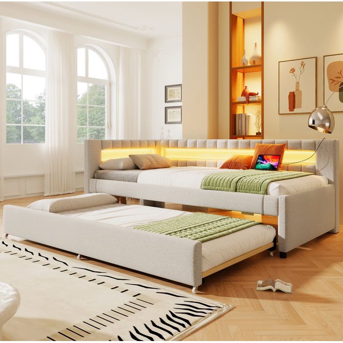 Daybed en lin beige avec lit gigogne LED au pied et ports USB/Type-C