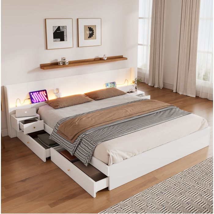 Lit adulte 180x200 cm avec USB prise et LED APP 2 tables de chevet 2 tiroirs sommier à lattes blanc