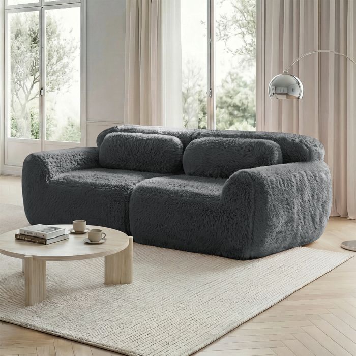 Canapé modulaire 2 places - Tissu peluche - Gris - 204x104x73 cm - Mousse haute résilience - Fond antidérapant