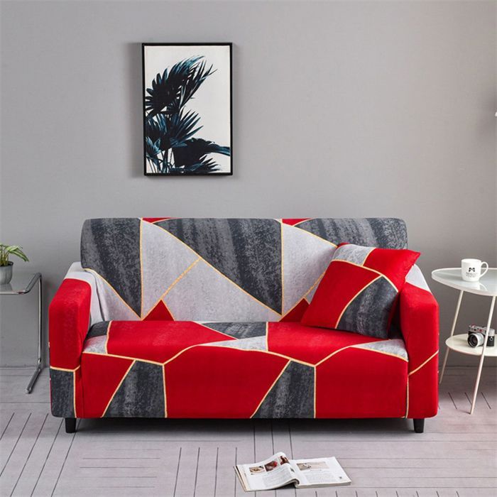 Housse de Canapé Extensible 2 Place Couverture Canapé avec Accoudoirs géométrie rouge gris[SFT169] .