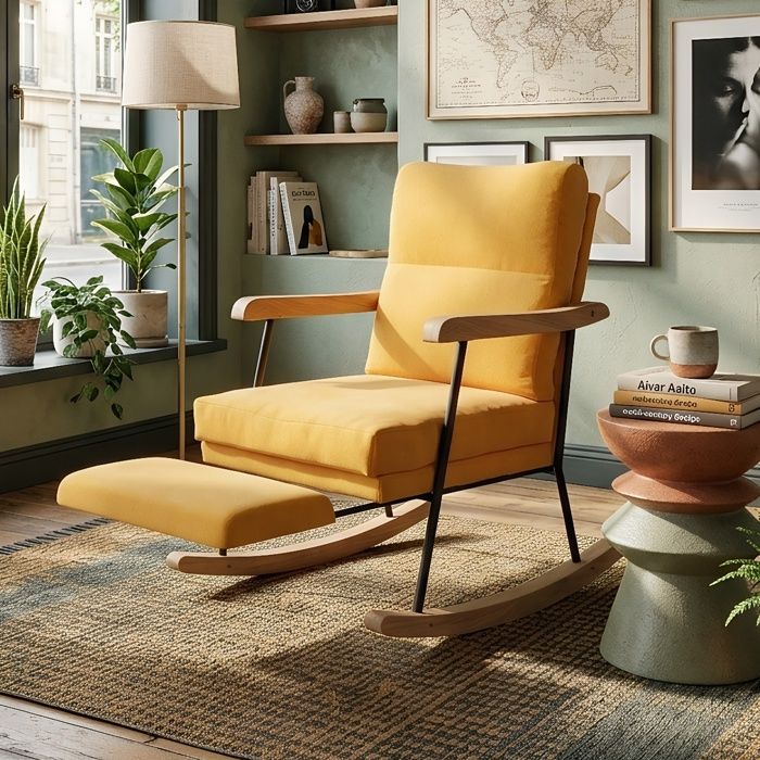 Fauteuil Rocking Chair Moderne avec Support de Jambes Extensible - Assise à Zones de Pression - Balancement Silencieux - Salon