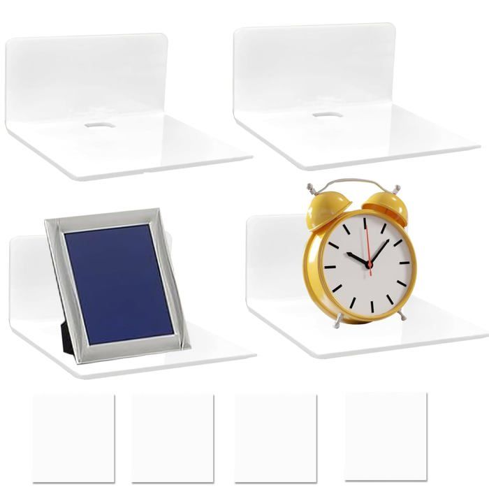Étagère Murale Acrylique 4 Pièces Blanche - Sans Percage Mini Flottante Trou Câble - Pour Cuisine Chambre Salle de Bain ALURRA
