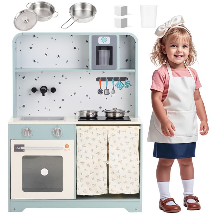 Cuisine Enfant en Bois Jeu dImitation avec Machine à Glaçons et Micro-ondes Jouet Éducatif avec Accessoires Bleu 29x60x81cm