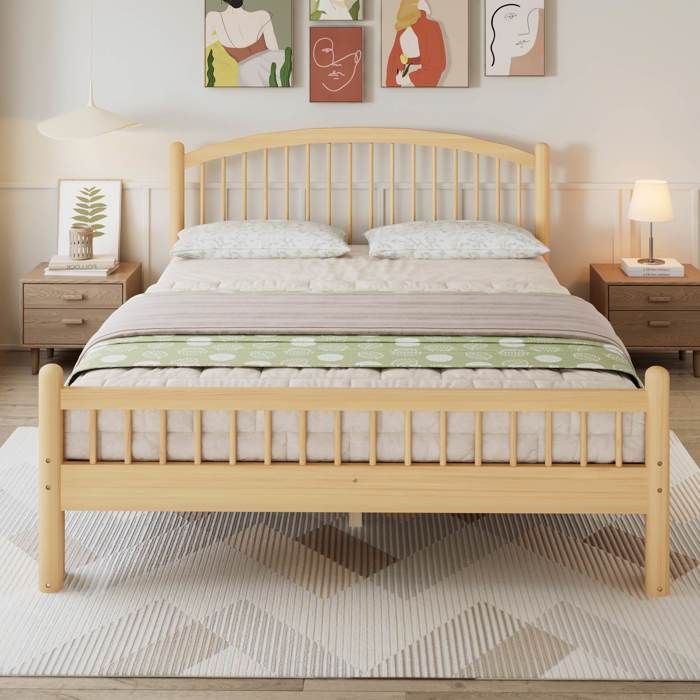 Lit double en bois 140 x 200 cm Lit enfant avec tête de lit classique à lattes Conception à coins arrondis Naturel