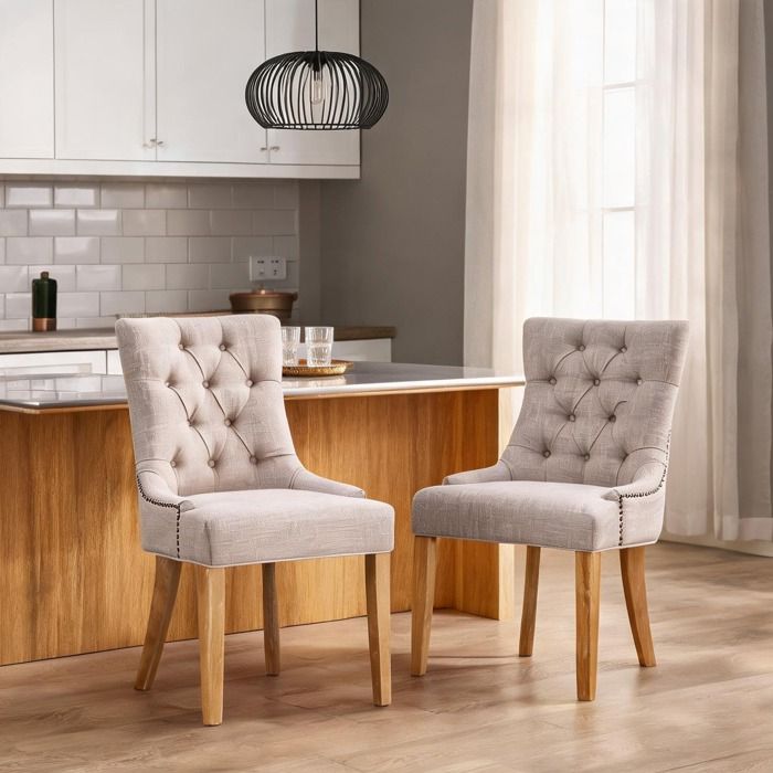 Chaise de salle à manger en tissu beige avec pieds en bois massif lot de 2 design moderne à monter soi-même