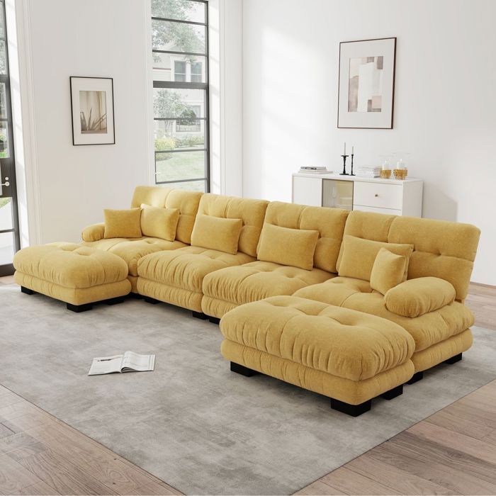 Canapé dAngle en U ottoman mobile combinaison modulable confort cloud couleur jaune
