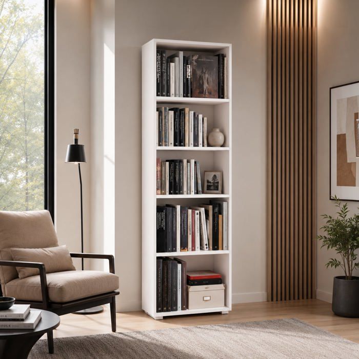 Bibliothèque haute - THE WHITE STONE - Modèle 60×30×195 cm - 5 étagères réglables - Mélamine 18 mm - Gain de place Bibliothèque haute - THE WHITE STONE - Modèle 60×30×195 cm - 5 étagères réglables - Mélamine 18 mm - Gain de place