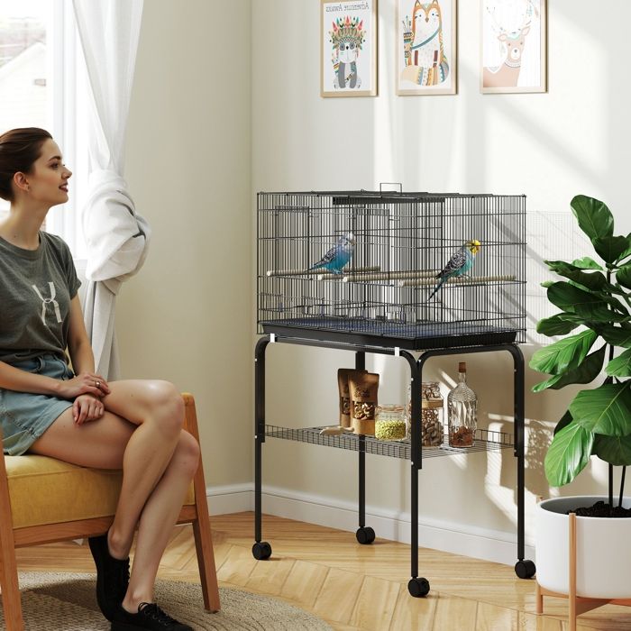 Cage à oiseaux 76 x 46 x 46/116 cm noir avec support séparateur mangeoires et plateau amovible pour canaris et perruches