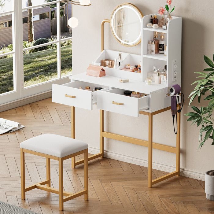Coiffeuse LED moderne Miroir pivotant - 2 tiroirs - 2 étagères - prises - USB - table maquillage tabouret - 80×138 5×40 cm
