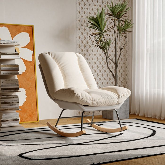 Fauteuil à bascule contemporain lin beige dossier réglable et structure robuste idéal pour salon chambre et balcon