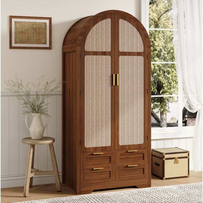 Armoire 2 Portes 4 Tiroirs Penderie et Étagères Décor Rotin - MEUNIQ - MDF Noyer 80×50×179 cm