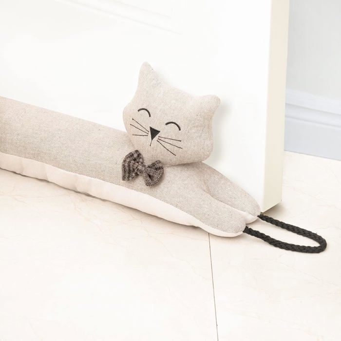 Bourrelet anti-courant dair chat 91 cm à suspendre coupe-froid lesté porte et fenêtre kaki fixation boucles look animalier