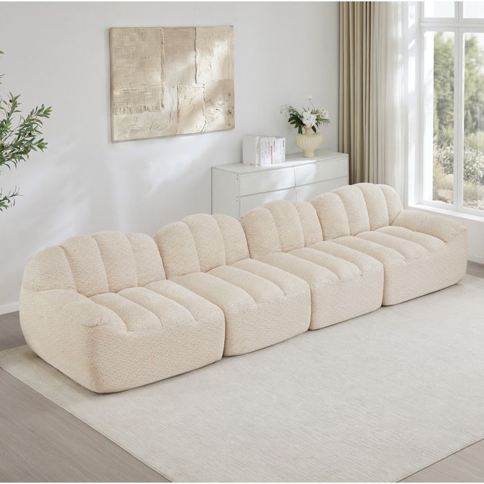 Canapé modulable 4 places forme coquillage sans structure mousse 32D assise profonde beige blanc