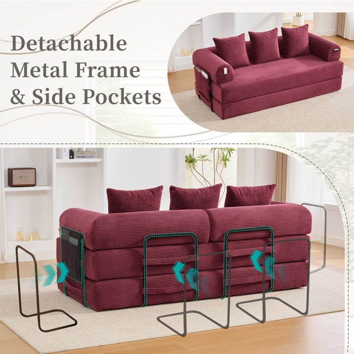 WOVREO canapé modulable 3 places velours côtelé rouge bordeaux avec structure métal 3 coussins et poche latérale