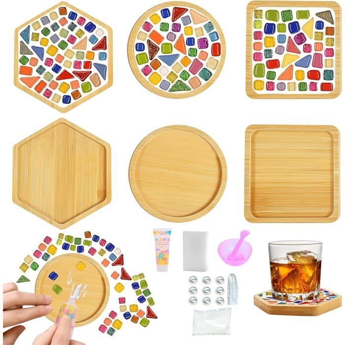 Kit Mosaïque Diy Dessous De Verre Set 3 Dessous De Verre En Bois Avec Carreaux De Verre Colorés Kit Créatif Mosaïque Pour Adulte