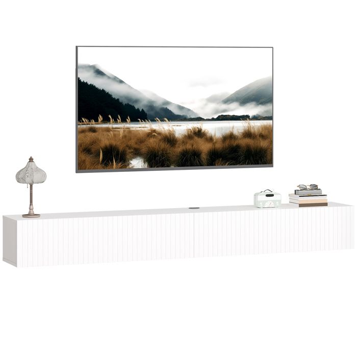 Meuble TV suspendu - HOMCOM - pour téléviseur 72 pouces - 2 portes cannelées rabattables - MDF - 180x25x22cm - blanc Meuble TV suspendu - HOMCOM - pour téléviseur 72 pouces - 2 portes cannelées rabattables - MDF - 180x25x22cm - blanc