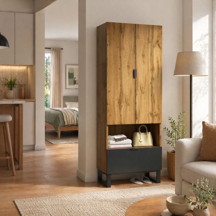 VUENOR vestiaire d’entrée 65 x 38 x 180 cm décor chêne et noir – rangement 2 portes 1 tiroir