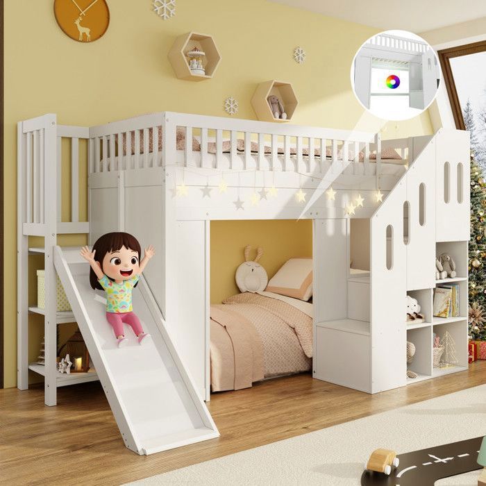 Piaenon - Lit mezzanine Lit enfant 90x200 cm -château avec toboggan escalier rangement LED et barrière - Pin massif - Blanc