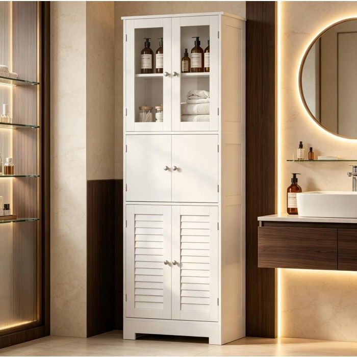 WOVREO Colonne de salle de bain 60 x 30 x 1705 cm 6 portes MDF et verre blanche