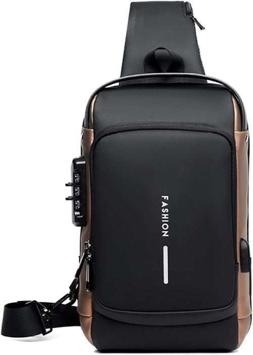 Vohoney Sac de Poitrine Homme Sacoche à Bandoulière Sacs a Dos Porté épaule Travers Sac Rétro en PU Cuir Étanche Bandoulière avec USB Ports Homme Sac de Poitrine Brown 
