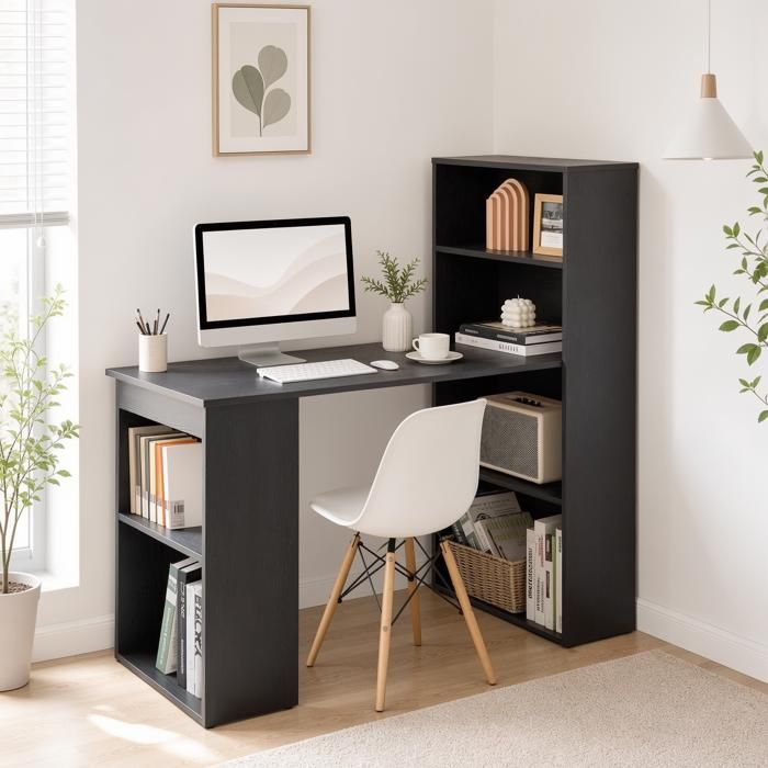 COSTWAY Bureau Informatique avec Rangement et Bibliothèque - Bois - 6 Compartiments - 122x56x122 cm - Nois - Design Contemporain