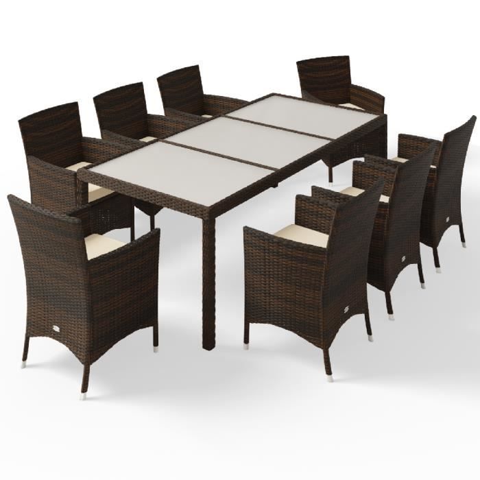Deuba | Salon de jardin - Ensemble 8+1 • brun, polyrotin | 8 chaises empilables • table avec plateau en verre dépoli | Meuble,