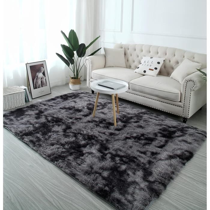 Tapis Salon Moderne 160x200cm Gris Noir - Poils Longs Moelleux Et Confortable, Luxe Pour Chambre Et Salon