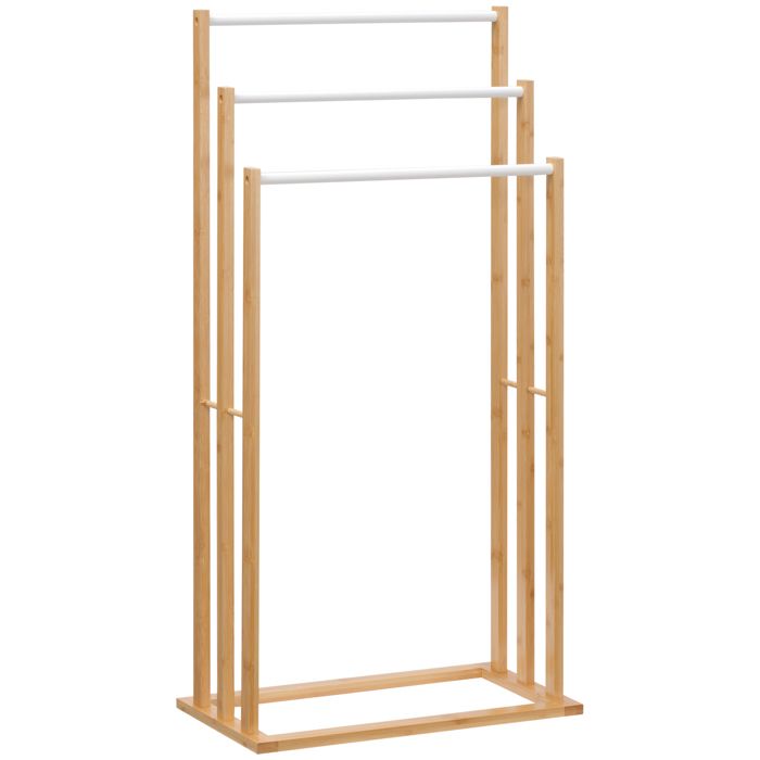 Porte-serviettes - HOMCOM - en bambou sur pieds avec 3 barres support étagère salle de bain - bambou - 48x258x94cm