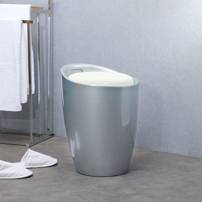 Tabouret DANIEL pouf rond coffre de rangement panier à linge siège avec assise rembourrée blanc structure en plastique gris