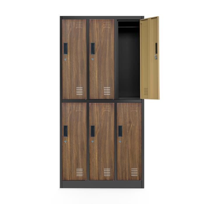 Casier vestiaire 3B2A Armoire Metallique 6 Compartiments Revêtement en Poudre 185 cm x 90 cm x 45 cm (Anthracite/Imitation Bois)
