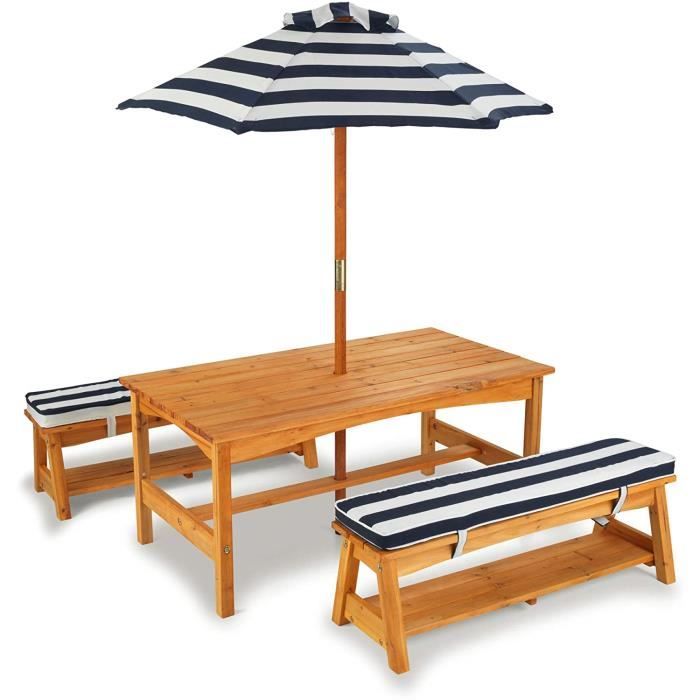 KIDKRAFT - Ensemble de table de jardin en bois et 2 bancs pour Enfant avec parasol,table de pique-nique pour 4 enfants