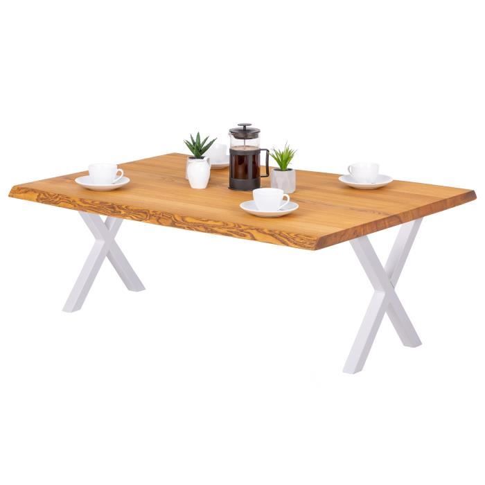 table basse en bois massif - lamo manufaktur - modèle design - 120x80x47cm - frêne rustique - pieds métal blanc