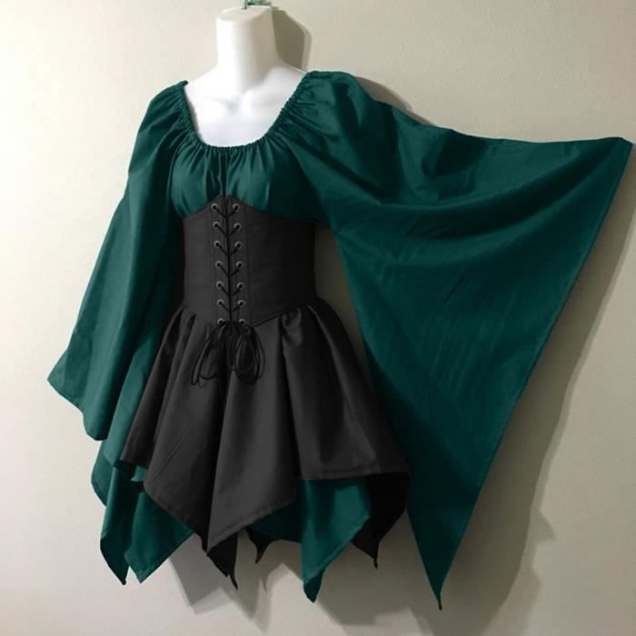 robe medievale femme costume de cosplay d'halloween gothique vintage robe corset à manches longues vert