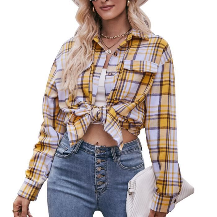 Chemise Femme,Chemise à Carreaux Manches Longues,Classique Blouse élégant  Mode Cardigan pour Femmes-Jaune