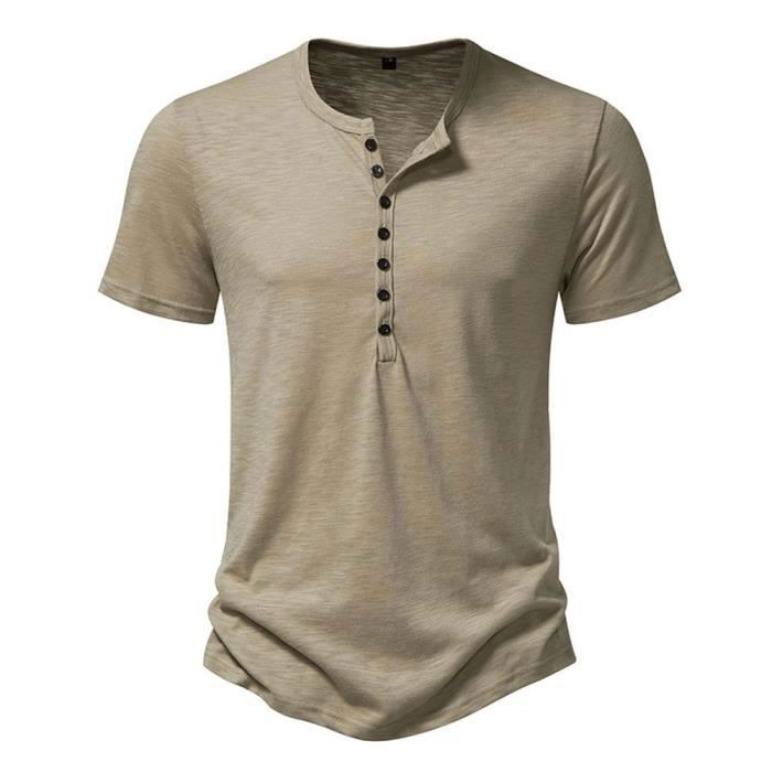 T-shirt Henley Homme Manches Courtes - Couleur Unie - Boutons - Style Vintage - Taille Au Choix