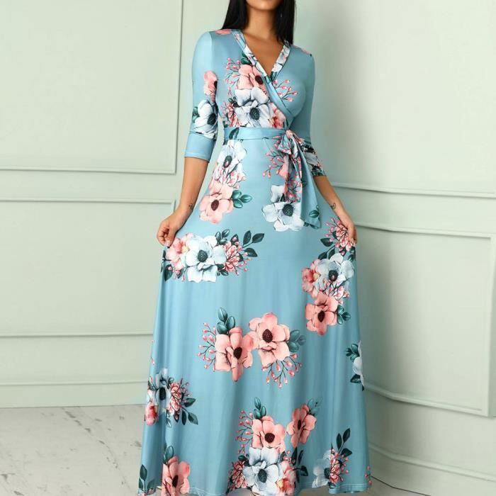 Casual V Femmes Cou A Manches 3 4 Imprime Longue Robe De Soiree De