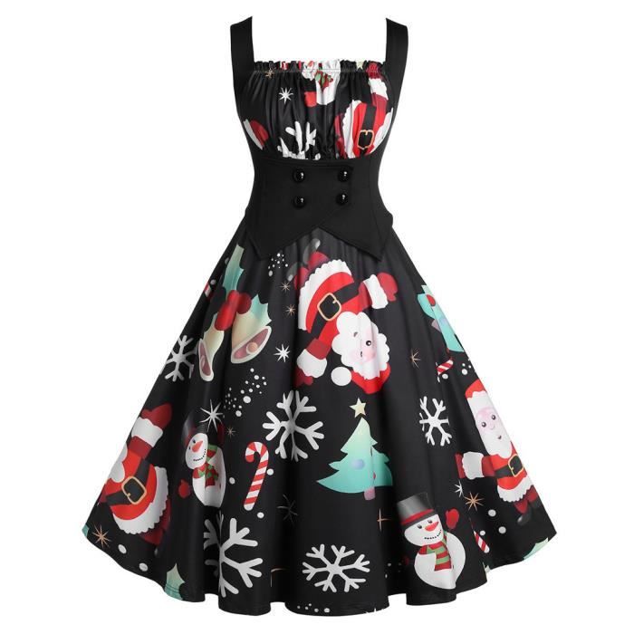 Vintage Sans Manches Imprime De Noel Femme Au Foyer Gala Bal Robe Pour Femmes Noir Achat Vente Robe Cdiscount