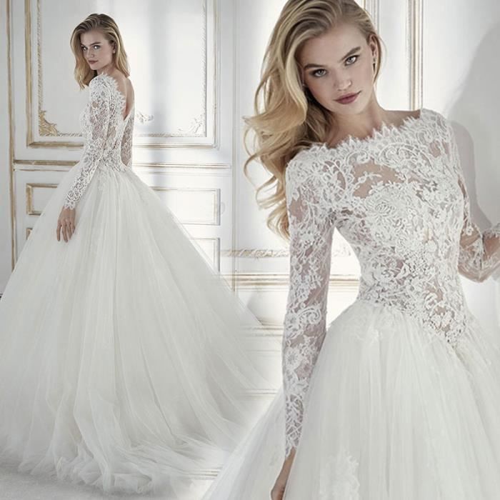 Violet XXL2020 nouvelle robe de mariee a col rond et a manches longues en dentelle blanche sans dos Violet Cdiscount Pret a Porter