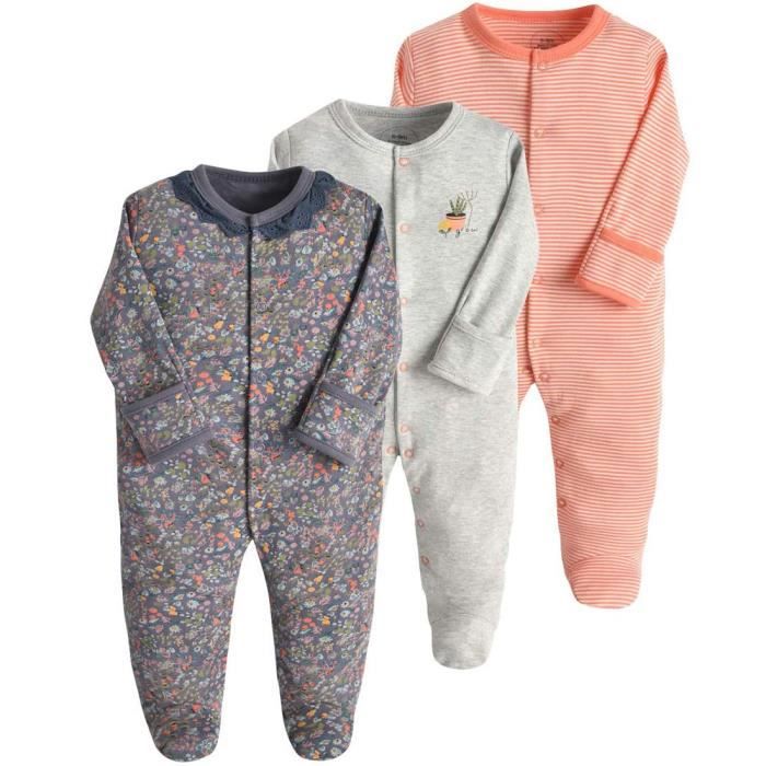 Pyjama pour Bébé Lot de 3 Combinaison en Coton Garçon Fille Grenouillères  Manche Longues